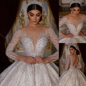 Dubaï princesse robe de bal robe de mariée 2022 paillettes col en V à manches longues perles luxe robes de mariée cristal mariée robes de mariee314N