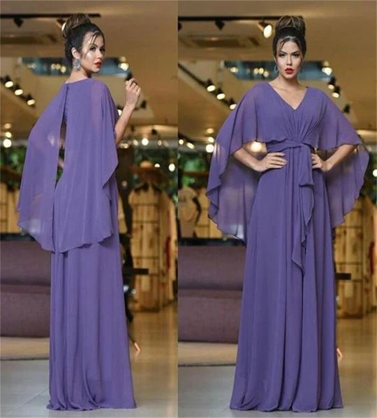 Dubai Vestido de noche morado con capa Sexy Cuello en V Gasa Vestidos largos de baile Mujeres Ocasión formal Turquía Vestido de fiesta musulmán Vestidos simples De Noche Dubai Abaya Chic