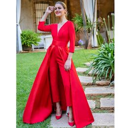 Combinaisons rouges de Dubaï, robes de soirée formelles avec jupe détachable, col en V, manches longues, dos nu, robes de bal, vêtements de fête pour femmes