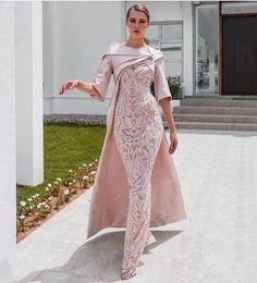 Dubaï Robes de soirée africaine sexy avec cape blush rose en dentelle teinture mi-manches fête formelle Ocn Prom Robe