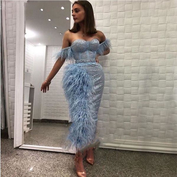 Dubaï bleu ciel Robe De soirée 2021 épaules dénudées plumes gaine dentelle luxe arabe robes De soirée femmes Applique Robe De soirée