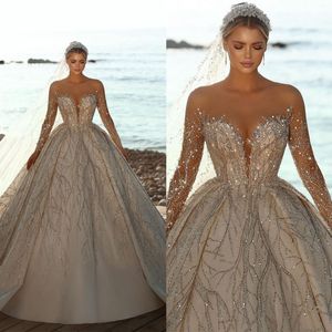 Dubai Sparkly kralen jurk trouwjurk naakt juweel nek lange mouw prinses jurken vintage arabische pailletten bruidsjurken 0505