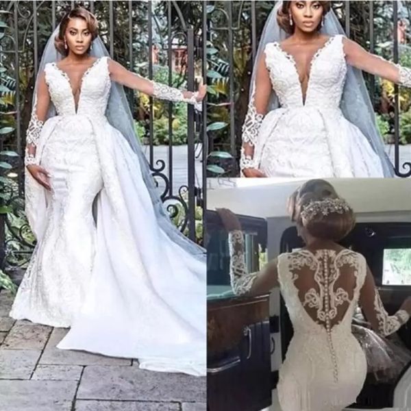 Dubaï superbes robes de mariée sirène avec jupes détachables manches longues pures appliques robes de mariée dos nu robe de mariée longue