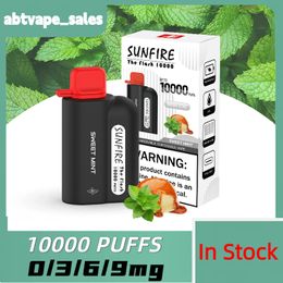 Dubai Sunfire 10000 Puff 10000 Bobina de malla de vape desechable 20ml Cigs electrónicos recargables recargables 12000 Puff 10k Vapes 9K Sin filtración 0/3/6/9 mg en stock Fast Ship Eu