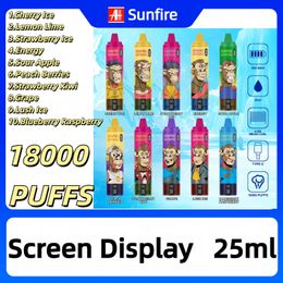 Dubaï Vape la nouvelle barre de soleil Sunfire Puff 18000 18K Puffs Écran Affichage jetable Vape 10 Colours 850mAh Vape Batter