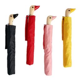 Tête de canard avec parapluie de poignée en bois personnalité automatique couverture de couverture de canard parapluie 2 pliants