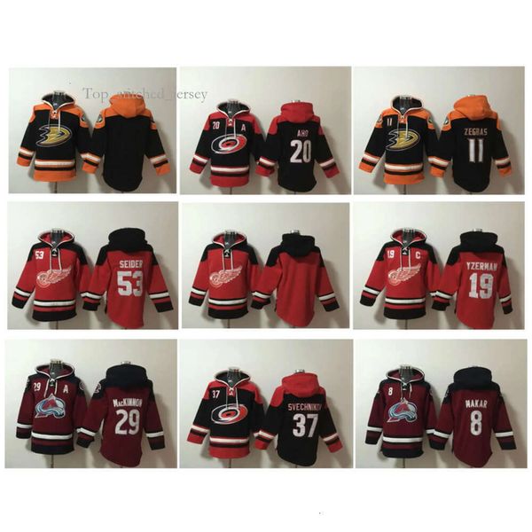 Ducks Old Time Sweat à capuche Trevor Zegras Maillot de hockey Red Wings Steve Yzerman Moritz Seider Hurricanes Sebastian Aho Avalanche Nathan Kinnon 2021