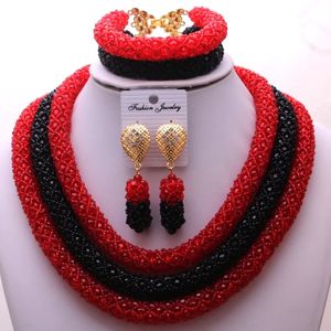 Dudo Afrikaanse Kralen Sieraden Voor Vrouwen Ketting 3 Lagen Rood En Zwart Nigeria Sieraden Set Voor Bruiloft 3 Stuks 2024