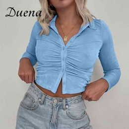 Duena Button Up Collar Shirt Lange Mouwen Crop Top Lente 2021 Sexy Basic Slim Mode Dames Ruches Vrouw T-shirt Y0508