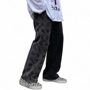 Dueweer Mens Straight Jeans Printemps Automne Noir Baggy Hip Hop Pantalon Hommes Grande Taille Plaid Imprimer Harajuku Pantalon en Denim à Jambes Larges F2KB #