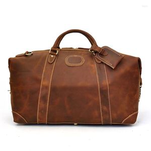 Duffel Bags 2023 Hoogwaardige leer Travel Bag zakenreis Crazy Horse Big grote capaciteit Breng aan de hand Lagguage Brown