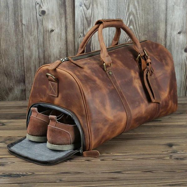 Sacs Duffel 2023 Luxe pur fait à la main naturel Crazy Horse cuir voyage pour hommes avec étui à chaussures