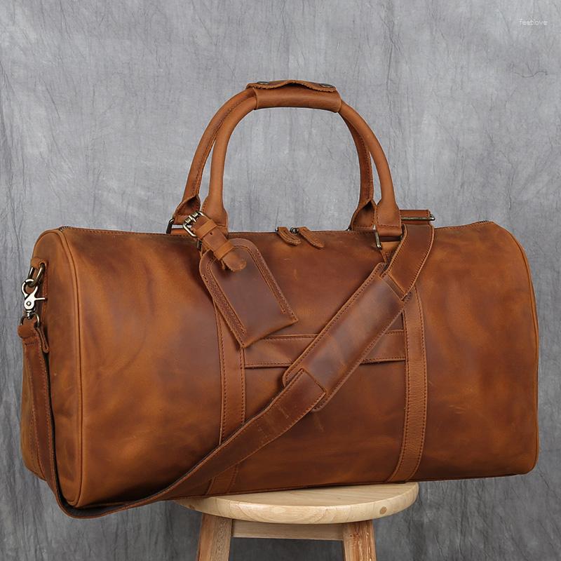 Duffel Bags 2024 Vintage Brown Natural Crazy Horse Leather Men's Travel duurzame kwaliteit echte bakken met koffer hold