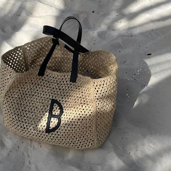 Bolsas de lona 23 AB letras paja gran capacidad bolso de mano vacaciones playa bolso de hombro