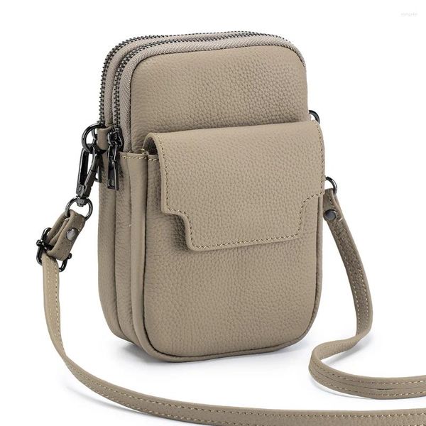 Bolsas de lona A6018 Versátil Lady Real Soft Primera capa de cuero de vaca Flap Bolsillo delantero Ranura de cremallera trasera Cross Body Travel Teléfono móvil