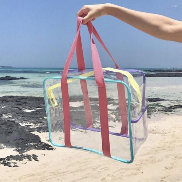 Bolsas de lona Bolsa de playa Impermeable Plegable de alta capacidad Ver a través de Cremallera suave Almacenamiento Multiusos Bolso de mano grande y transparente para el hombro Tra