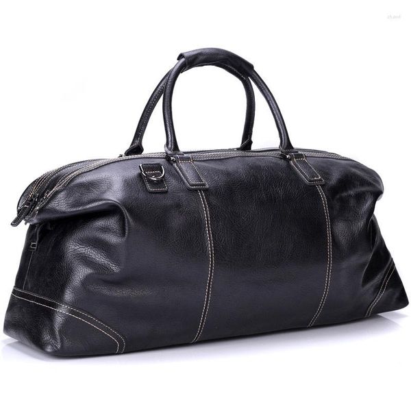 Bolsas de lona Negro para hombre Cuero genuino Viajes Moda Marca Bolsa de fin de semana Equipaje de mano Gran capacidad Male Duffle Carry On