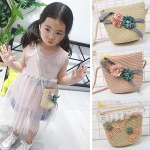 Plunje tassen kinderen stro geweven bloemenmeisje portemonnee zomer strand handtassen schouder crossbody c55