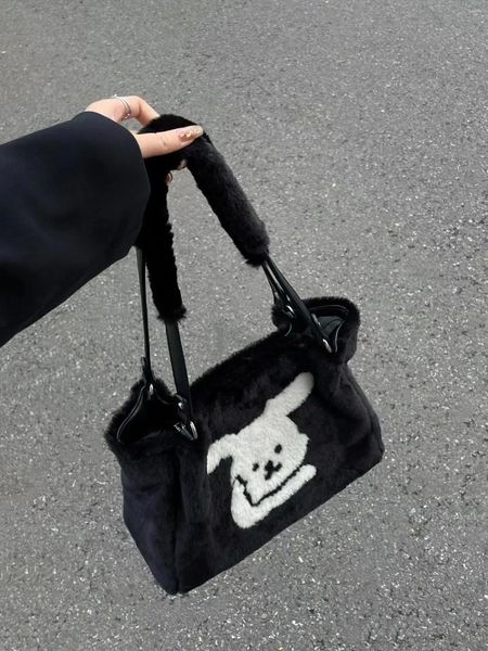 Bolsas de lona lindo perro pequeño negro kawayi bolso de transporte chicas falsas fus toque hinchado suave terciopelo