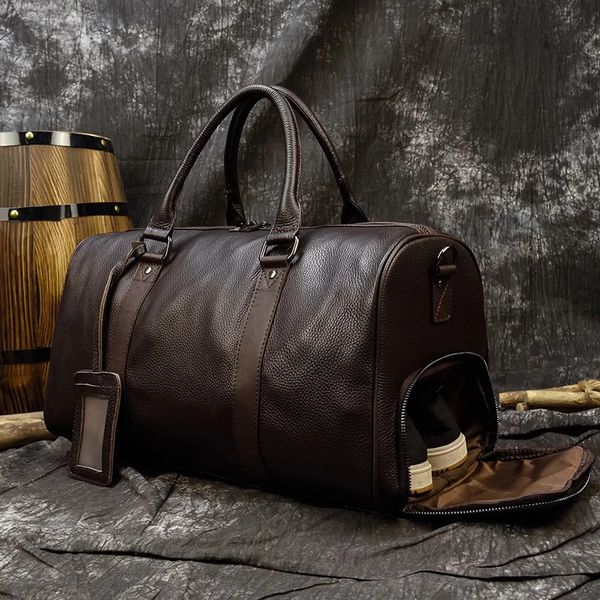 Bolsos de lona Bolso de lona de cuero genuino a la moda, bolso de viaje de negocios de cuero de vaca grande para hombres y mujeres, bolsos de hombro grandes negros, bolsos de equipaje de fin de semana 231207