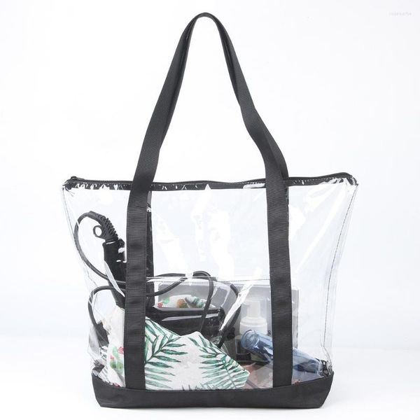 Bolsas de lona para menos conjunto Clear Stadium Security Travel Gym con cremallera Tote Transparent Beach Bag Construcción de PVC resistente Ribete negro