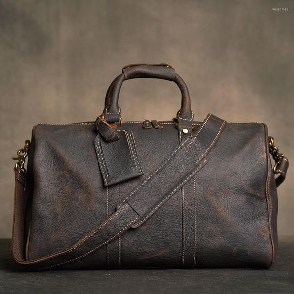 Sacs polochons en cuir véritable pour hommes sac de voyage Vintage sac à main messager voyage d'affaires grande capacité bagages ordinateur portable pour 16 pouces