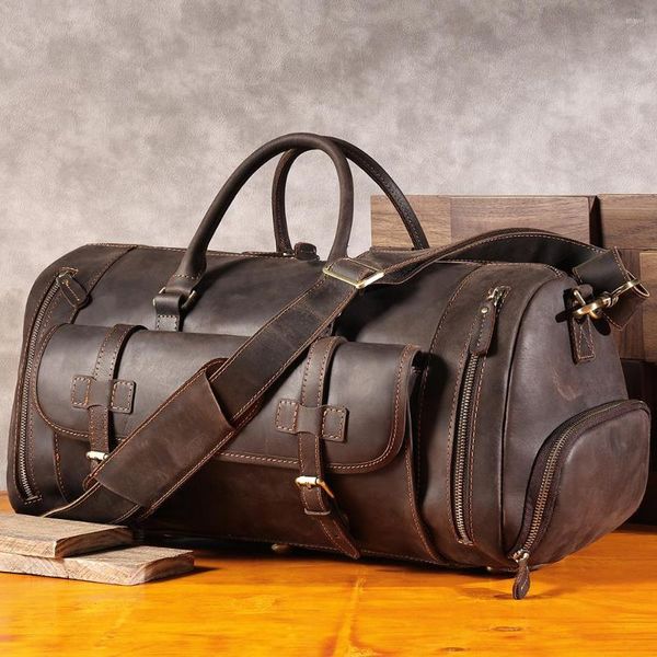 Bolsas de lona Genuine Leather Men's Travel Travel Brand de gran capacidad Desgin Duffle Retro Crazy Horse For Man