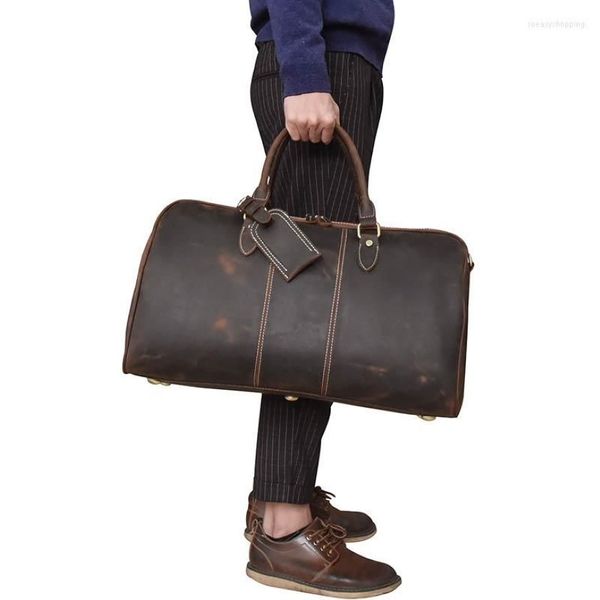 Bolsas de lona de cuero genuino para hombre, bolso de viaje de gran capacidad para mujer, 20 Vintage, equipaje de trabajo brillante, bolsas de mano Duffel300B