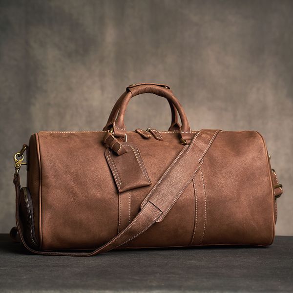 Sacs polochons Geunine cuir Vintage hommes sac à main sac de voyage grande capacité simple épaule Messenger Boston sac pour ordinateur portable 17 pouces 230714