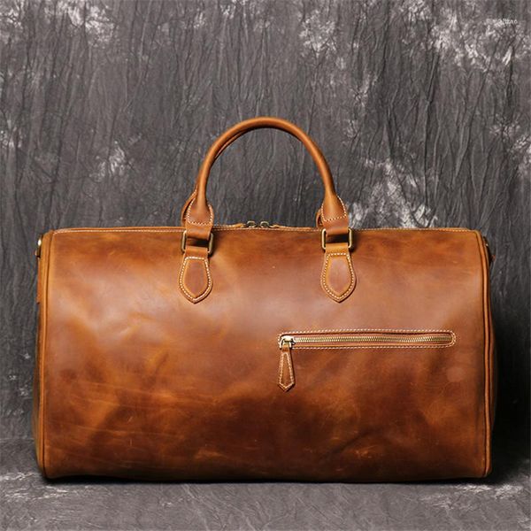 Sacs polochons haut de gamme grand Vintage marron noir épais véritable Crazy Horse en cuir hommes d'affaires sac de voyage épaule Messenger Duffle M1018