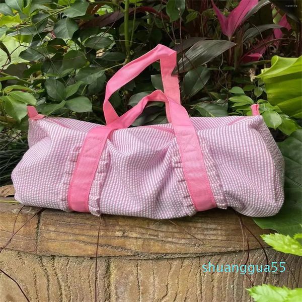 Bolsas de lona Bolsa de lona de Seersucker con volantes para niños, bolso de gimnasio a cuadros de gran tamaño y ligero para viajes de fin de semana para niñas con cremallera