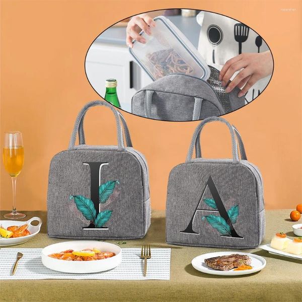 Bolsas de lona para mujer, bolsa de almuerzo para niños, caja térmica para comida, refrigerador, organizador de Picnic para mujer, bolso con estampado de letras y hojas, lienzo aislado