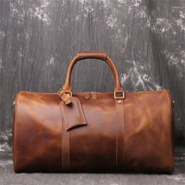 Sacs polochons Grand grand Vintage marron grain supérieur véritable cuir de cheval fou 14 '' 15.6 '' ordinateur portable hommes sac de voyage peau de vache mâle Gym Duffle M1015