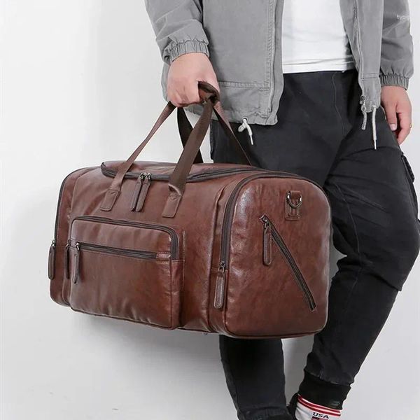 Bolsas de lona de gran capacidad para hombres de negocios, bolsos de viaje, bolso de equipaje de cuero PU Retro, bolso de hombro al aire libre para hombre