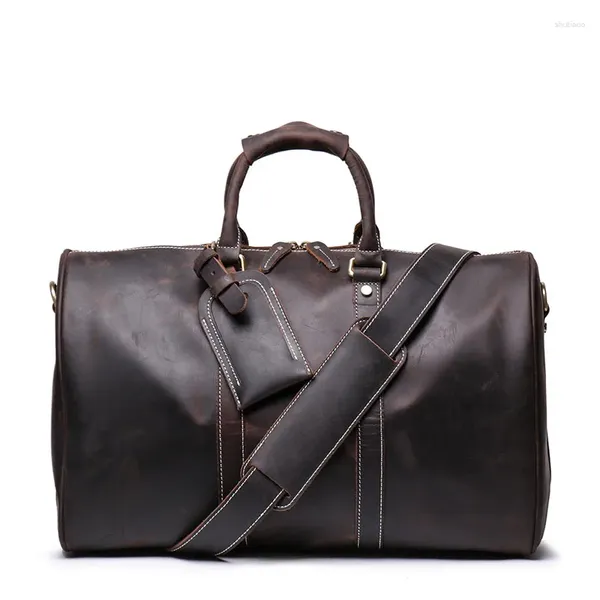 Sacs Duffel Grande capacité Vintage marron noir grain supérieur véritable cheval fou en cuir voyage d'affaires hommes sac de voyage Durable GYM Duffle M9088