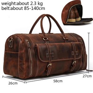 Duffel Bags Luufan bolsa de viaje de cuero genuino para hombres con bolsillos para zapatos de gran capacidad retro crazy horse leather weekend bolsa de mensajero de lujo 230724