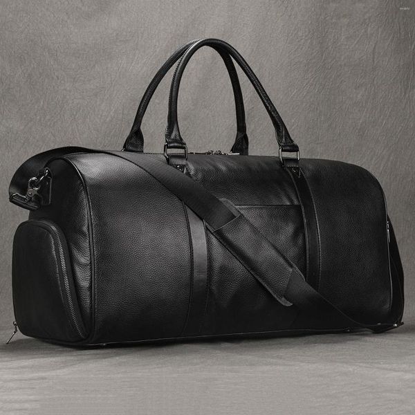 Bolsos de lona para hombre, bolso de viaje de cuero genuino, bolso de gran capacidad, bolso de mano negro para hombre, equipaje de mano para fin de semana, deporte deportivo