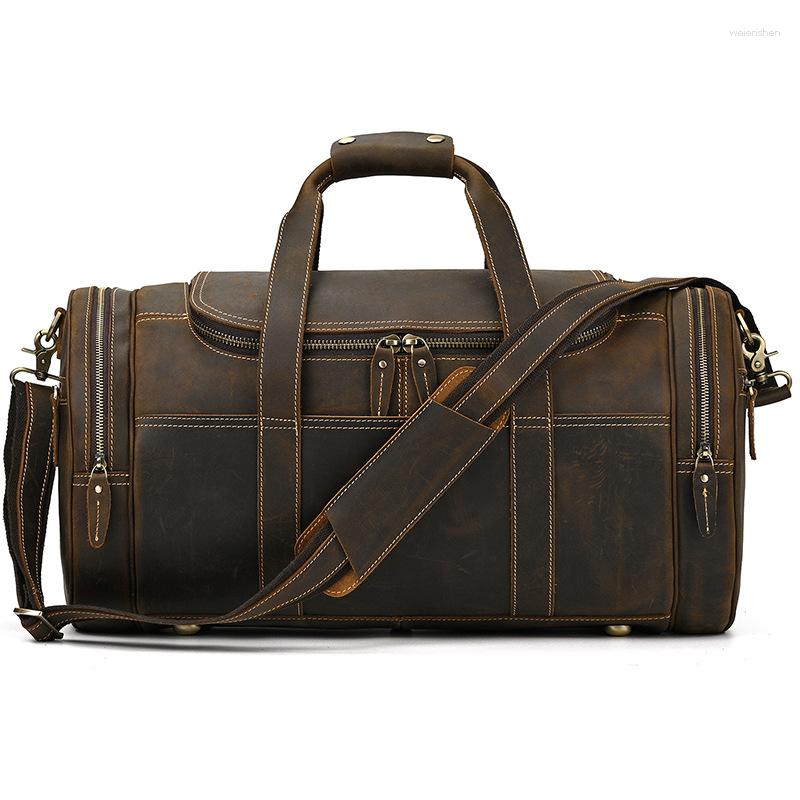 Duffel Bags Men Retro Real Leather Travel Big Bag First Layer Cowhide stor kapacitet 52 cm Business Trip Handbag axel Messenger