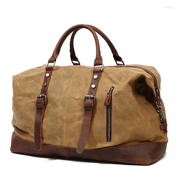 Sacs polochons Sac de sport en toile et cuir pour hommes, sac à bandoulière en cire d'huile, bagage à main, voyage grand