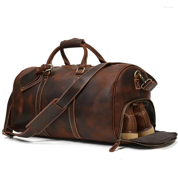 Sacs polochons sac de voyage en cuir véritable pour hommes Crazy Horse bagage Vintage couche supérieure en peau de vache 20 pouces sac à main loisirs Fitness