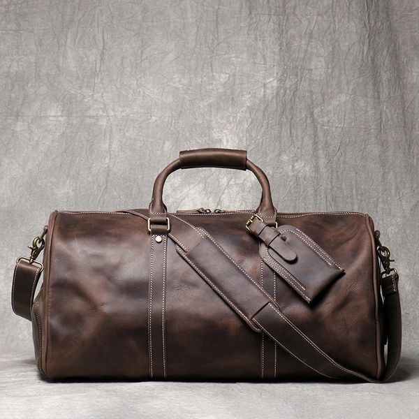 Bolsos de lona Bolso de viaje de cuero para hombre Bolso de equipaje de piel de vaca marrón vintage Bolso de mano para hombre Bolso de fin de semana Bolso de lona con compartimento para zapatos 231207