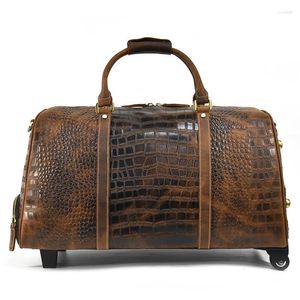 Sacs polochons hommes femmes véritable cuir de vache motif alligator voyage sur roues sac à bagages à roulettes Trolley Duffle bagage à main avec tige de traction