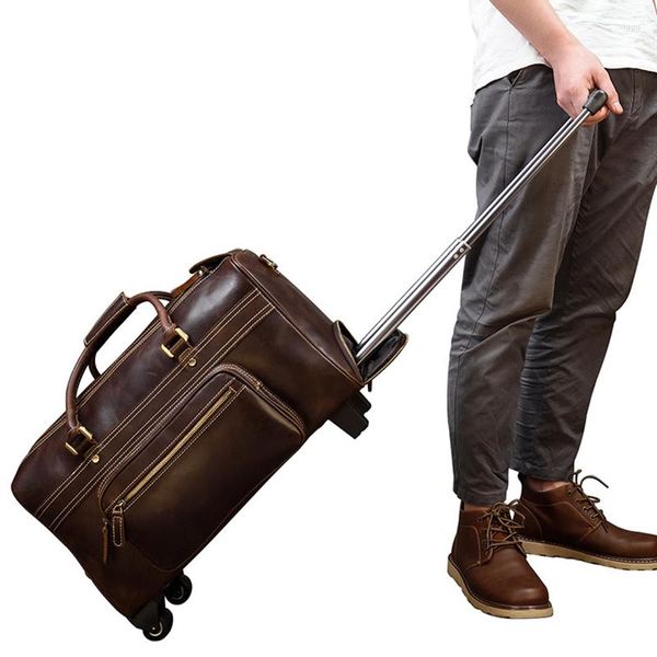 Bolsos de lona para hombres y mujeres, bolso de viaje de cuero auténtico con ruedas, bolso de mano para equipaje de piel de vaca de gran capacidad, maleta con barra de amarre para fin de semana