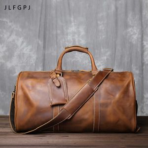 Duffel Tassen Nieuwe retro mannelijke handbagage Europa en Amerika Crazy Horse Leather Travel Bag Layer Cowhide grote capaciteit enkele schoudertas 230223