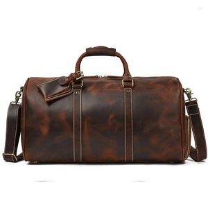Duffel Bags Retro Travel Bag Men Echt lederen Duffe 20 inch grote capaciteit Handtas Fitness met schoenpositie Bagage Handtassen