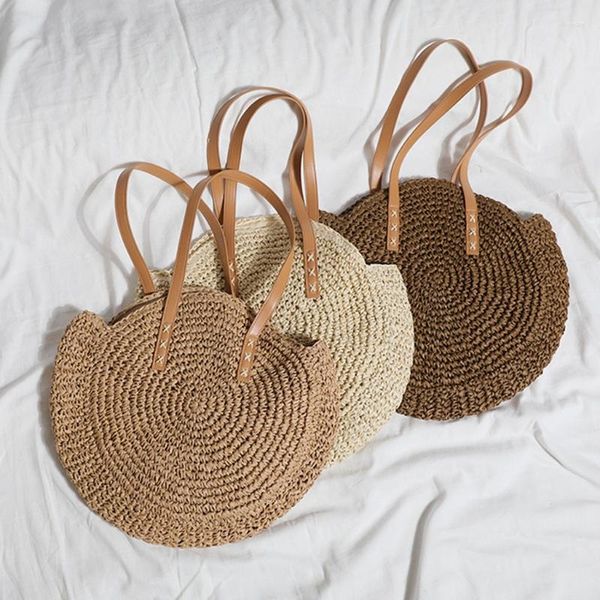 Bolsas de lona Bolsa de playa de paja redonda Vintage Tejido Hombro Ratán Bohemio Verano Vacatio E74B