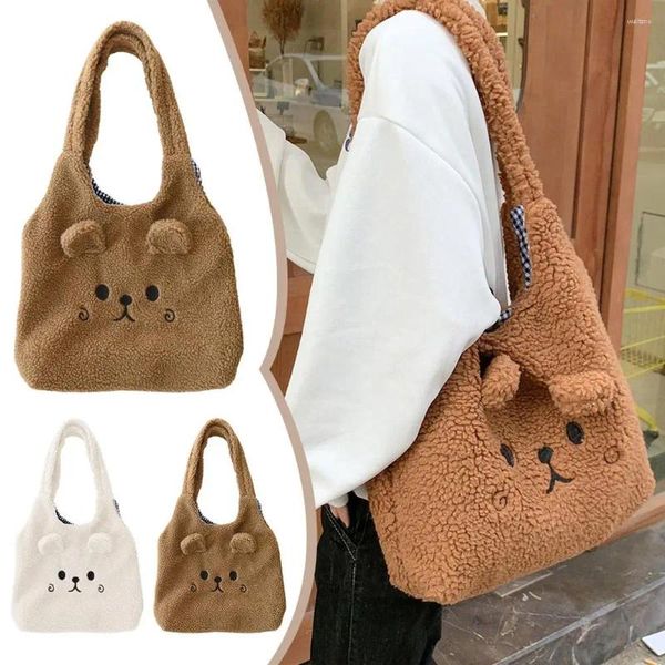 Bolsas de lona Bolsa de escuela Bordado de dibujos animados Invierno Suave Peluche Tote Shopper Hombro para mujeres Lindo F7Q1