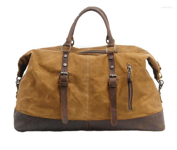 Bolsas de lona, bolso de viaje para hombre de cuero genuino de lona informal Vintage, bolso de gran capacidad para exteriores, equipaje de almacenamiento de fin de semana de diseñador