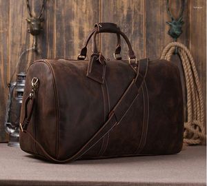 Sacs polochons Vintage Crazy Horse en cuir véritable sac de voyage pour hommes de voyage hommes Duffle grand bagage fourre-tout week-end nuit