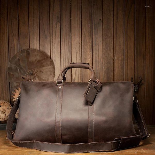 Bolsas de lona Vintage de cuero genuino para hombre, bolsa de viaje de gran capacidad, gran capa superior, bolso de cuero de vaca, bolso de equipaje de hombro suave